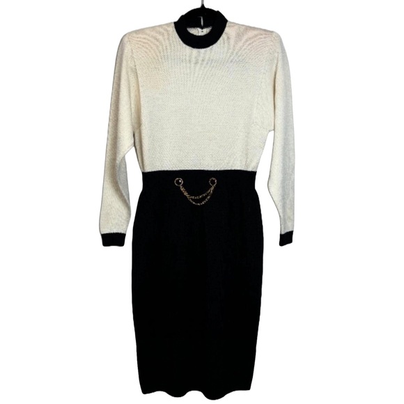 Vintage St. John Knit Ivory Black Gold Spectator Santana Knit Dress sz 4 - Picture 1 of 6